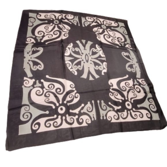Handpainted Square Fuji Silk Scarf with black, white and sage green print - NEW - Picture 1 of 6